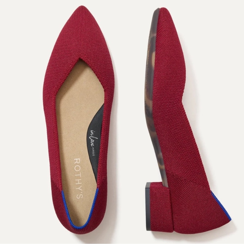 Rothy's Pointed Toe Block Heel Flats in Burgundy with Blue Trim